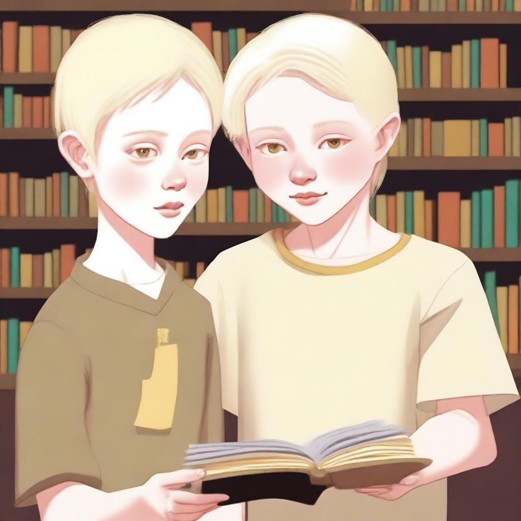 An albino indigenous boy with blonde hair and yellow eyes, white skin, asking a person for a book