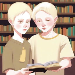 An albino indigenous boy with blonde hair and yellow eyes, white skin, asking a person for a book