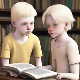 An albino indigenous boy with blonde hair and yellow eyes, white skin, asking a person for a book