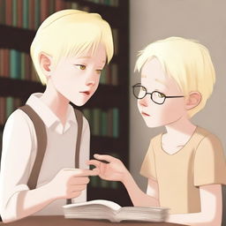 An albino indigenous boy with blonde hair and yellow eyes, white skin, asking a person for a book