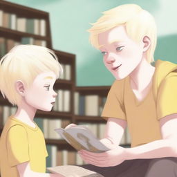 An albino indigenous boy with blonde hair and yellow eyes, white skin, asking a person for a book