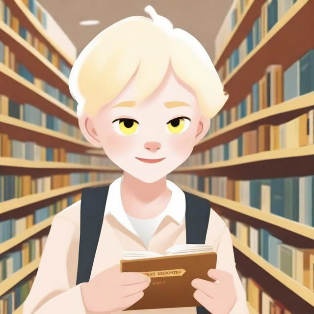 An albino indigenous boy with blonde hair and yellow eyes, white skin, asking for a book inside a bookstore