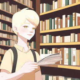 An albino indigenous boy with blonde hair and yellow eyes, white skin, asking for a book inside a bookstore