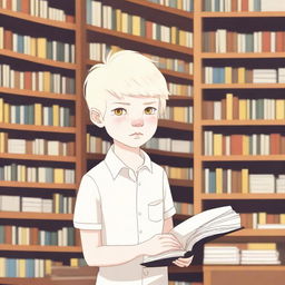 An albino indigenous boy with blonde hair and yellow eyes, white skin, asking for a book inside a bookstore