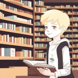 An albino indigenous boy with blonde hair and yellow eyes, white skin, asking for a book inside a bookstore