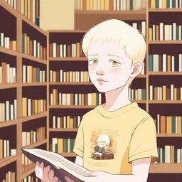 An albino indigenous boy with blonde hair and yellow eyes, asking for a book inside a bookstore