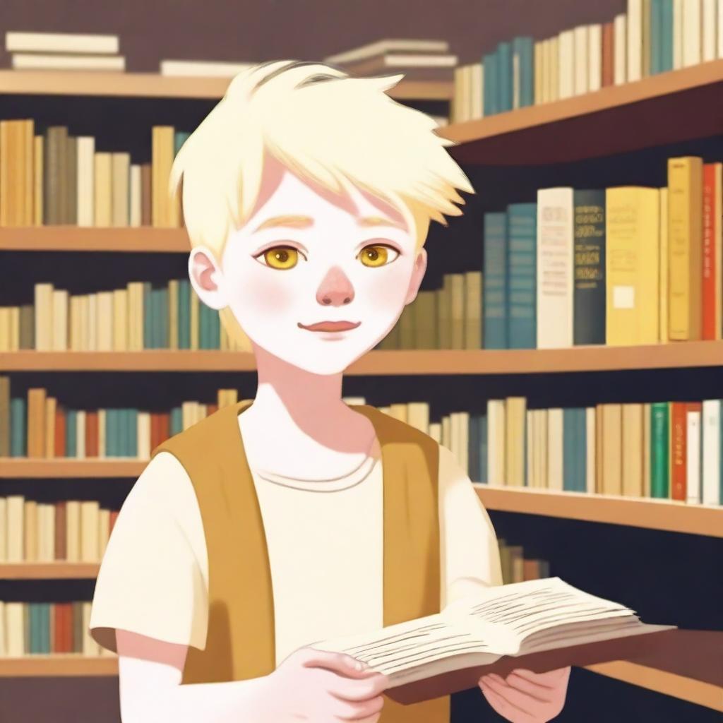 An albino indigenous boy with blonde hair and yellow eyes, asking for a book inside a bookstore