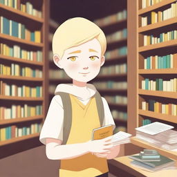 An albino indigenous boy with blonde hair and yellow eyes, asking for a book inside a bookstore