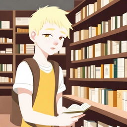 An albino indigenous boy with blonde hair and yellow eyes, asking for a book inside a bookstore