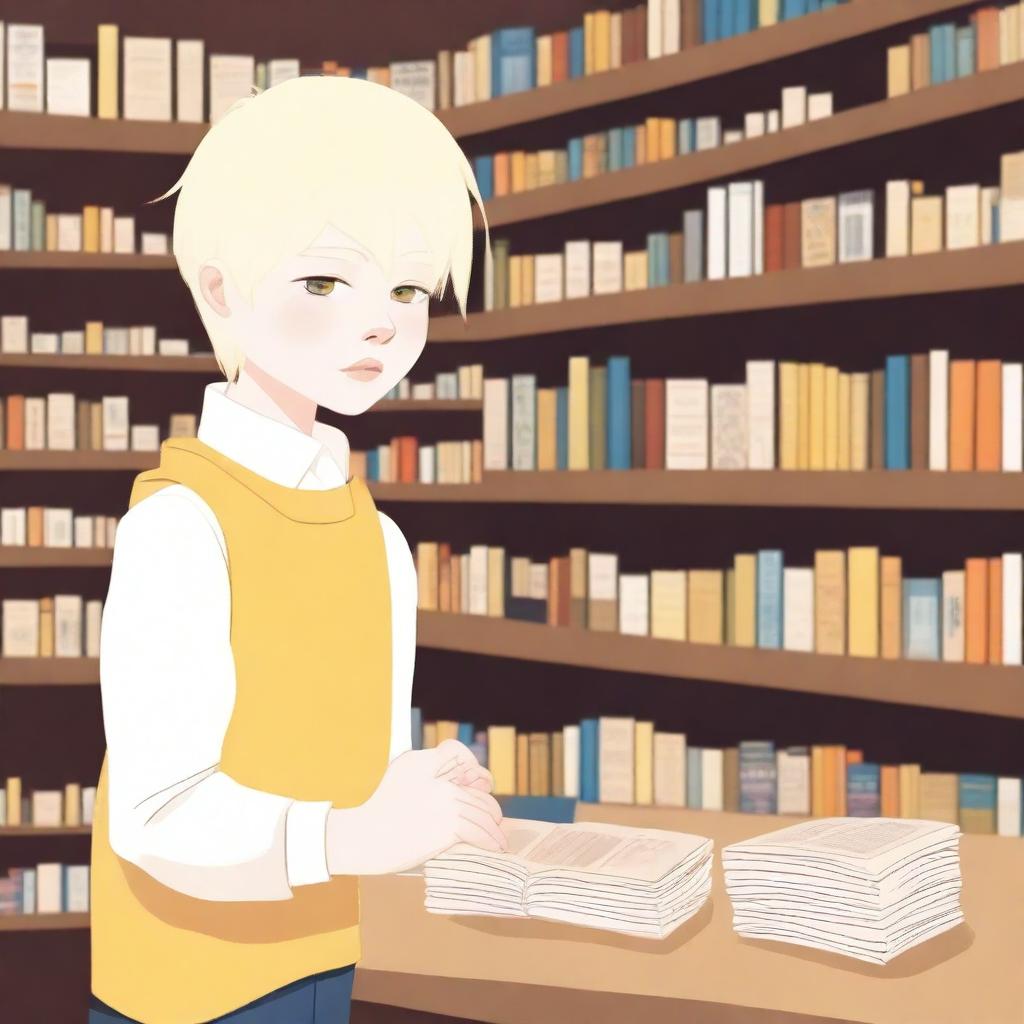 An albino indigenous boy with blonde hair and yellow eyes, asking for a book inside a bookstore