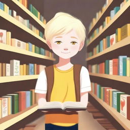 An albino indigenous boy with blonde hair and yellow eyes, asking for a book inside a bookstore