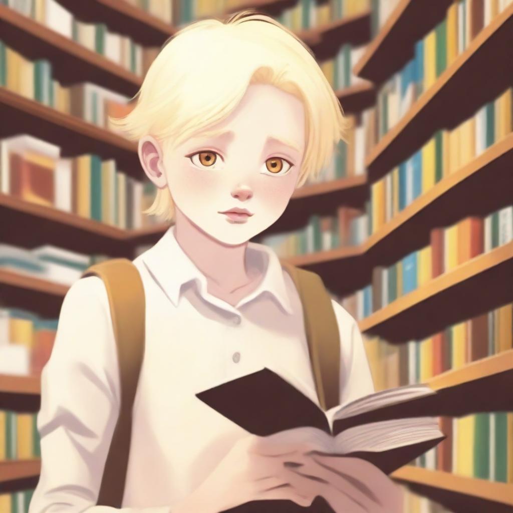 An albino indigenous boy with blonde hair and yellow eyes, asking for a book inside a bookstore