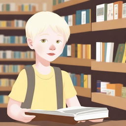 An albino indigenous boy with blonde hair and yellow eyes, asking for a book inside a bookstore