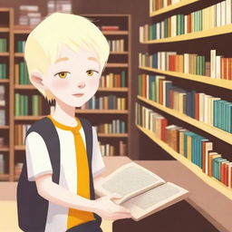 An eight-year-old albino indigenous boy with blonde hair and yellow eyes, asking for a book inside a bookstore