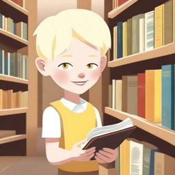 An eight-year-old albino indigenous boy with blonde hair and yellow eyes, asking for a book inside a bookstore