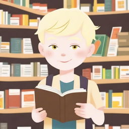 An eight-year-old albino indigenous boy with blonde hair and yellow eyes, asking for a book inside a bookstore