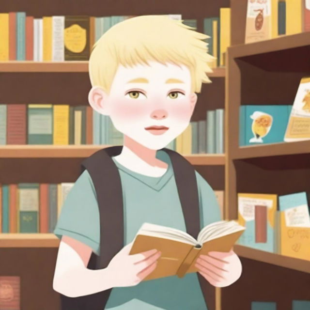 An eight-year-old albino indigenous boy with blonde hair and yellow eyes, asking for a book inside a bookstore