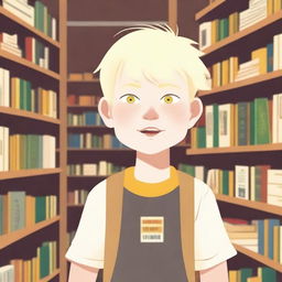 An eight-year-old albino indigenous boy with blonde hair and yellow eyes, asking for a book inside a bookstore