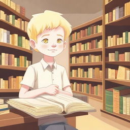 An eight-year-old albino indigenous boy with blonde hair and yellow eyes, asking for a book inside a bookstore