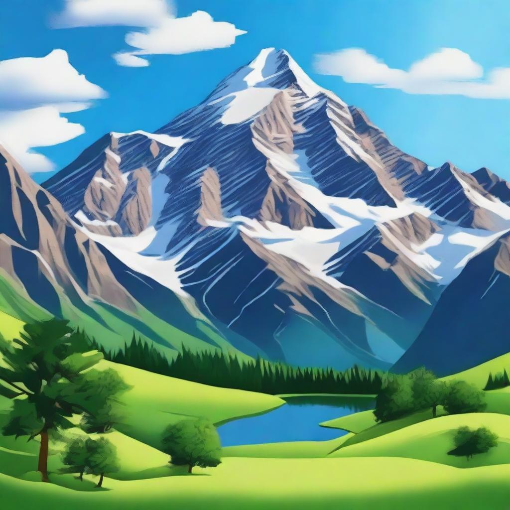 Create an image that features a large, majestic mountain range under a clear blue sky