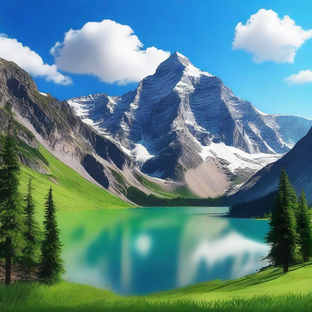 Create an image that features a large, majestic mountain range under a clear blue sky