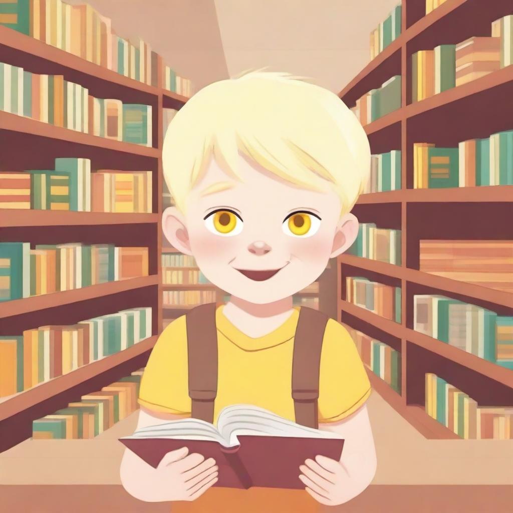 An eight-year-old albino indigenous boy with blonde hair and yellow eyes, asking for a book inside a bookstore