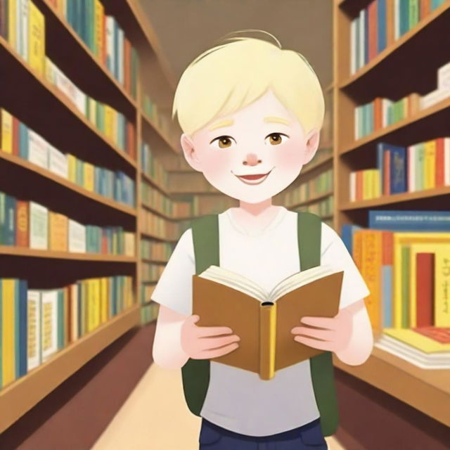 An eight-year-old albino indigenous boy with blonde hair and yellow eyes, asking for a book inside a bookstore