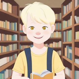 An eight-year-old albino indigenous boy with blonde hair and yellow eyes, asking for a book inside a bookstore