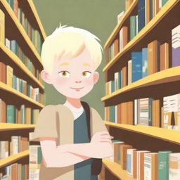 An eight-year-old albino indigenous boy with blonde hair and yellow eyes, asking for a book inside a bookstore