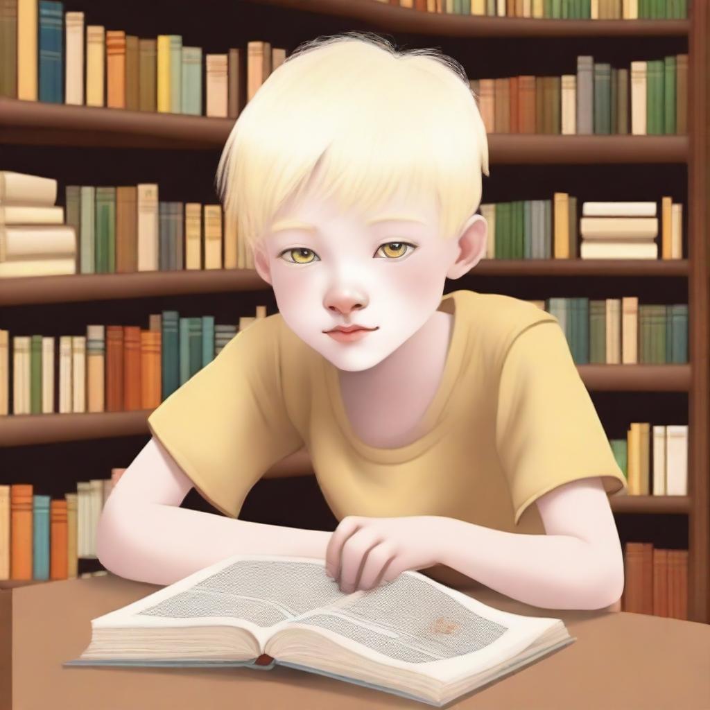 An eight-year-old albino indigenous boy with blonde hair and yellow eyes, thoughtfully looking at a book inside a bookstore