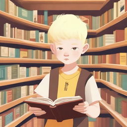 An eight-year-old albino indigenous boy with blonde hair and yellow eyes, thoughtfully looking at a book inside a bookstore