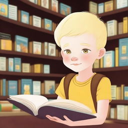 An eight-year-old albino indigenous boy with blonde hair and yellow eyes, thoughtfully looking at a book inside a bookstore