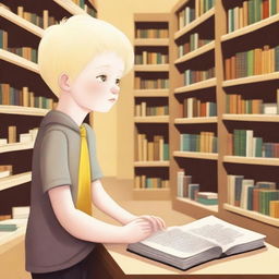 An eight-year-old albino indigenous boy with blonde hair and yellow eyes, thoughtfully looking at a book inside a bookstore