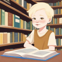 An eight-year-old albino indigenous boy with blonde hair and yellow eyes, thoughtfully looking at a book inside a bookstore