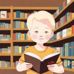 An eight-year-old albino indigenous boy with blonde hair and yellow eyes, thoughtfully looking at a book inside a bookstore