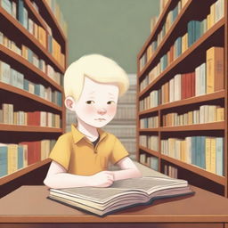 An eight-year-old albino indigenous boy with blonde hair and yellow eyes, thoughtfully looking at a book inside a bookstore