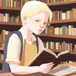 An eight-year-old albino indigenous boy with blonde hair and yellow eyes, thoughtfully looking at a book inside a bookstore