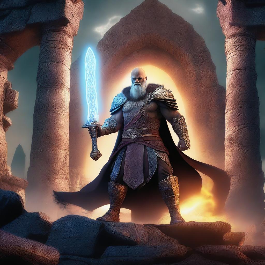 A Draconian Barbarian wielding a great sword and wearing wizard robes, set against a mystical background with ancient ruins and glowing magical symbols