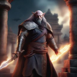 A Draconian Barbarian wielding a great sword and wearing wizard robes, set against a mystical background with ancient ruins and glowing magical symbols