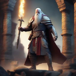 A Draconian Barbarian wielding a great sword and wearing wizard robes, set against a mystical background with ancient ruins and glowing magical symbols