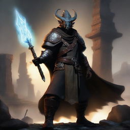 A Dragonborn barbarian wielding a large iron greatsword, wearing wizard robes and a wizard's hat