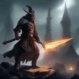 A Dragonborn barbarian wielding a large iron greatsword, wearing wizard robes and a wizard's hat