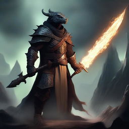 A Dragonborn barbarian wielding a large iron greatsword, wearing wizard robes and a wizard's hat