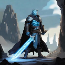 A Dragonborn barbarian with light blue skin wielding a large iron greatsword, wearing black wizard robes with ripped sleeves