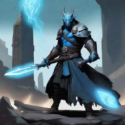 A Dragonborn barbarian with light blue skin wielding a large iron greatsword, wearing black wizard robes with ripped sleeves