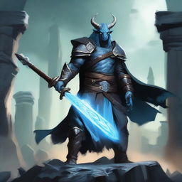 A Dragonborn barbarian with light blue skin wielding a large iron greatsword, wearing black wizard robes with ripped sleeves