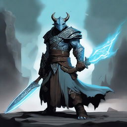 A Dragonborn barbarian with light blue skin wielding a large iron greatsword, wearing black wizard robes with ripped sleeves