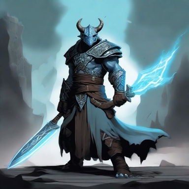 A Dragonborn barbarian with light blue skin wielding a large iron greatsword, wearing black wizard robes with ripped sleeves