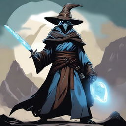 A Dragonborn with light blue skin wearing a wide-brimmed brown wizard hat, wielding a large iron greatsword, and dressed in black wizard robes with the sleeves ripped off