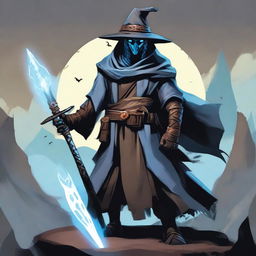 A Dragonborn with light blue skin wearing a wide-brimmed brown wizard hat, wielding a large iron greatsword, and dressed in black wizard robes with the sleeves ripped off